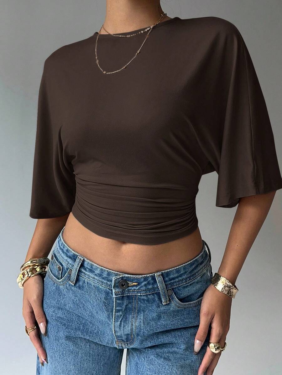 BROWN AMOUR | Batwing Cropped Casual Tee
