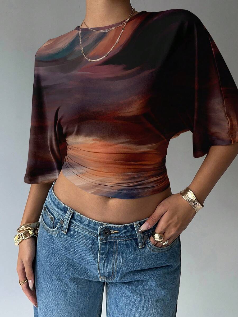 BROWN AMOUR | Batwing Cropped Casual Tee