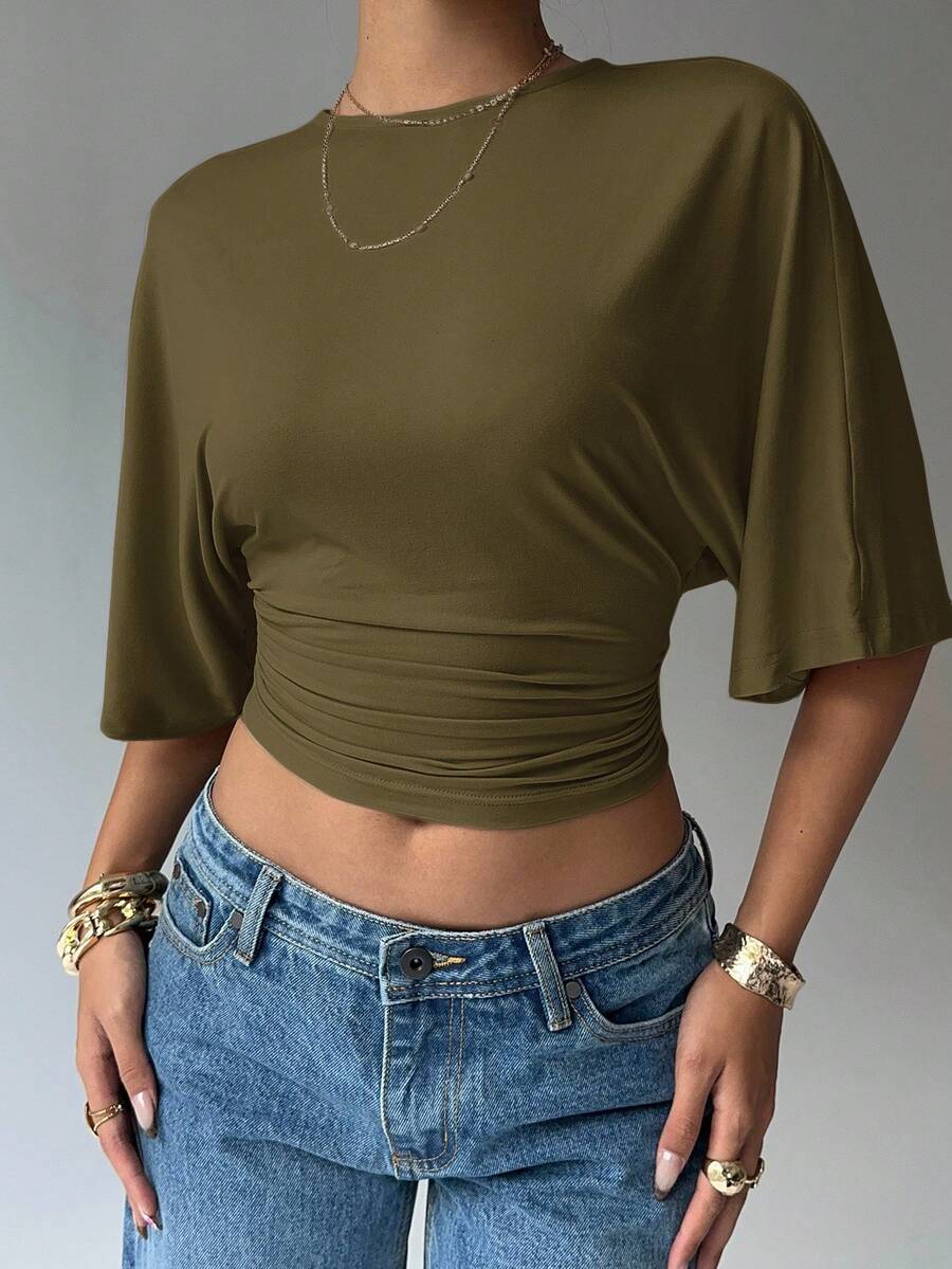 BROWN AMOUR | Batwing Cropped Casual Tee