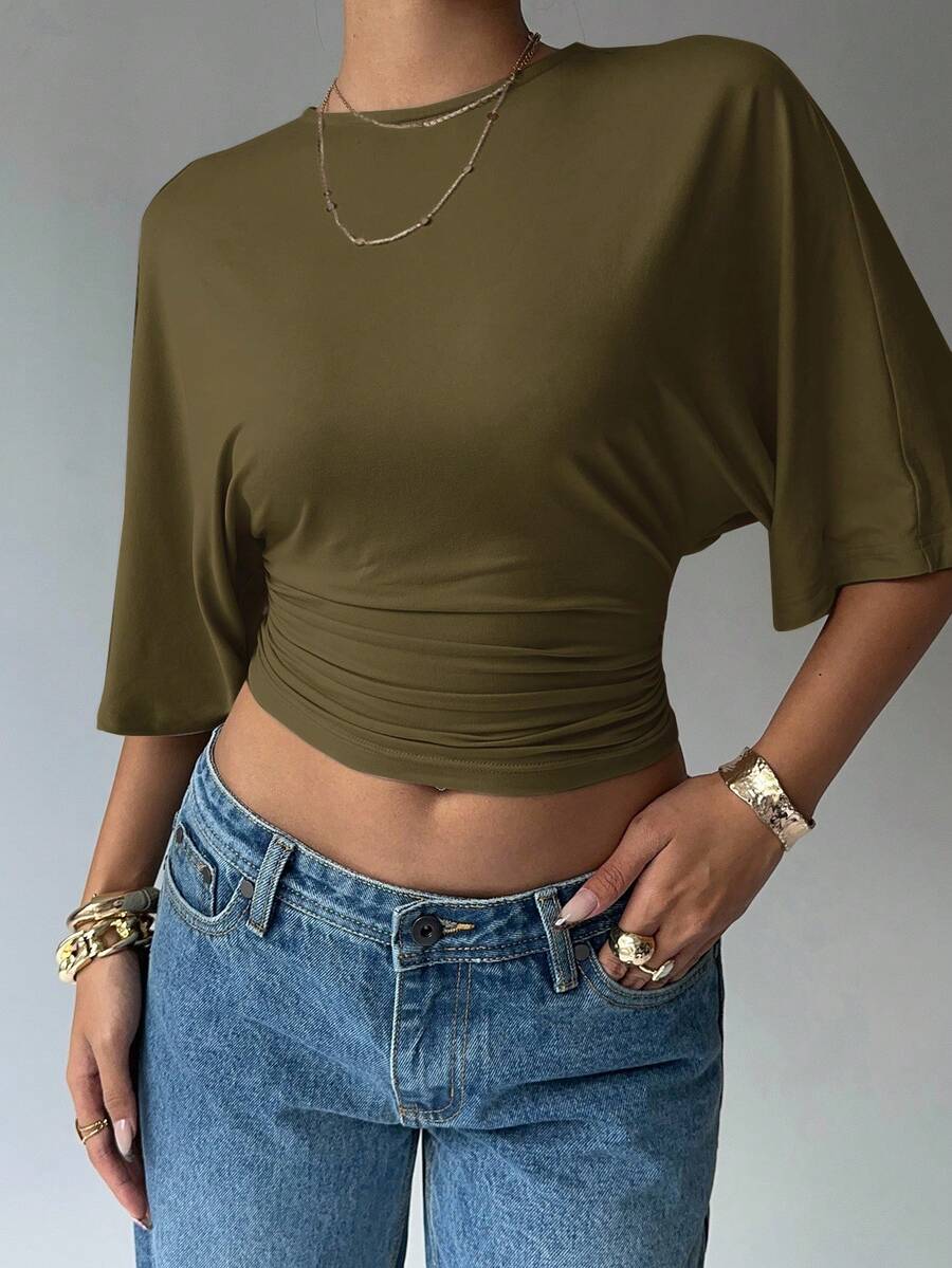 BROWN AMOUR | Batwing Cropped Casual Tee