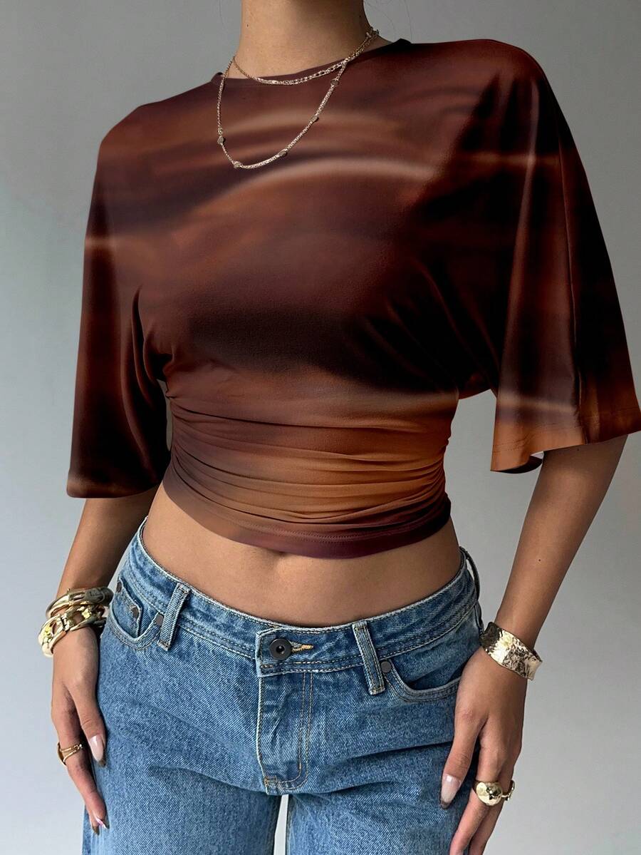 BROWN AMOUR | Batwing Cropped Casual Tee