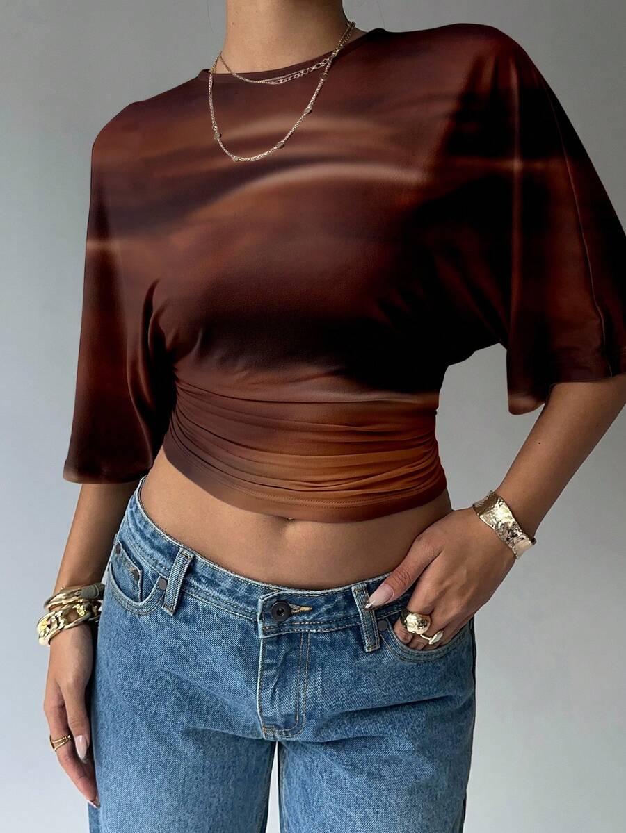 BROWN AMOUR | Batwing Cropped Casual Tee