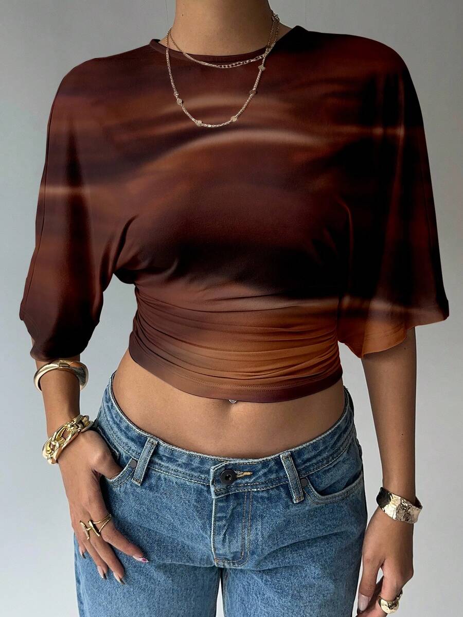BROWN AMOUR | Batwing Cropped Casual Tee