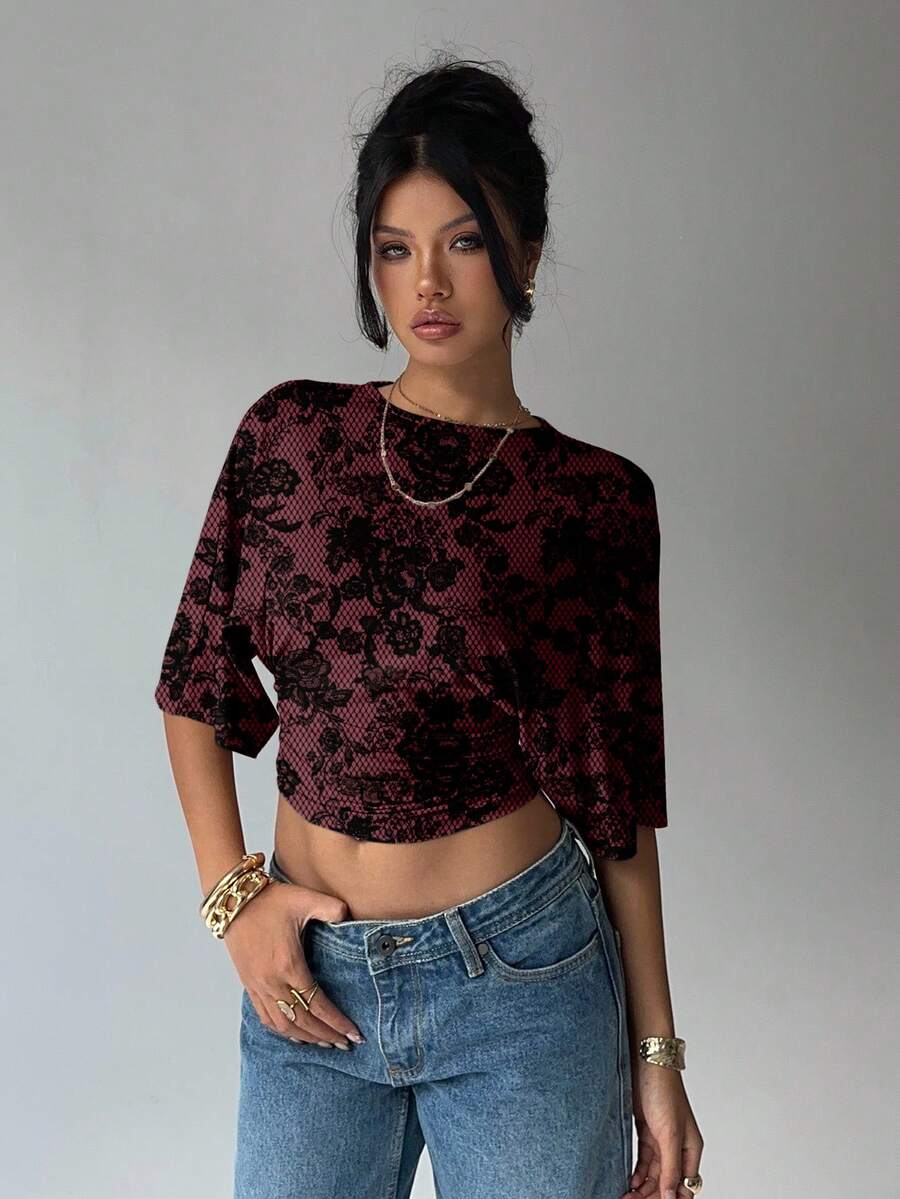 BROWN AMOUR | Batwing Cropped Casual Tee